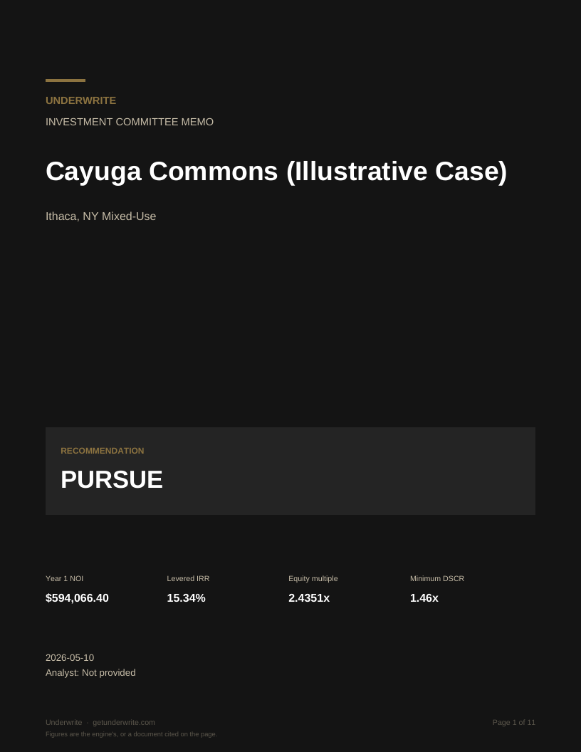 Cover of the Cayuga Commons (Illustrative Case) investment committee memo